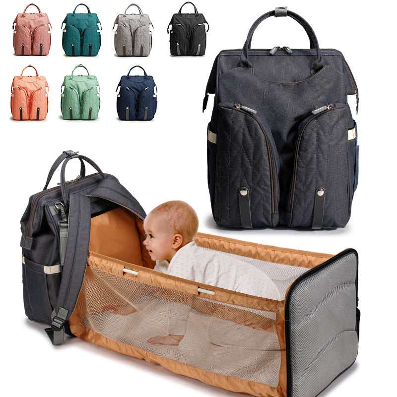 Folding Crib Mommy Bag – 2-in-1 Diaper Backpack with Portable Baby Bed