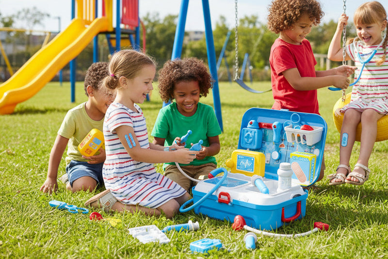 Toy medical kit with various components 