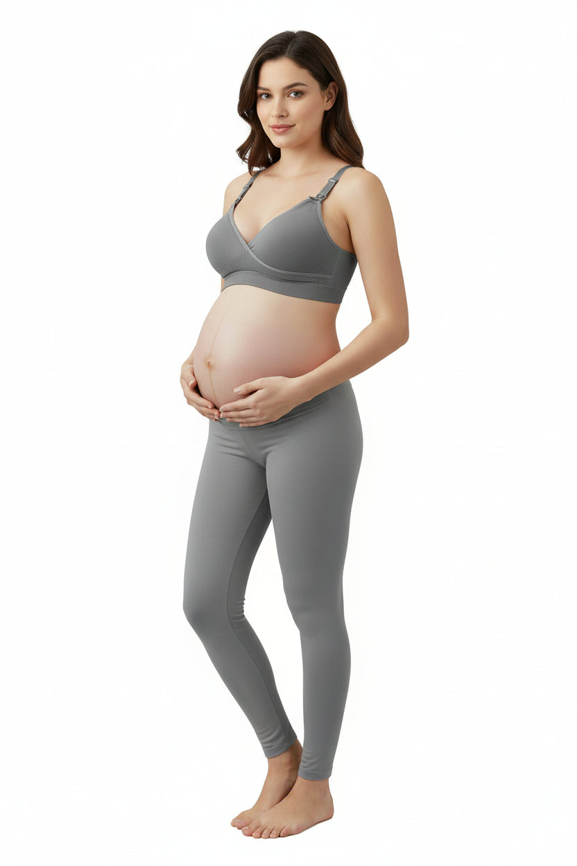 Gray bra on a pregnant woman model